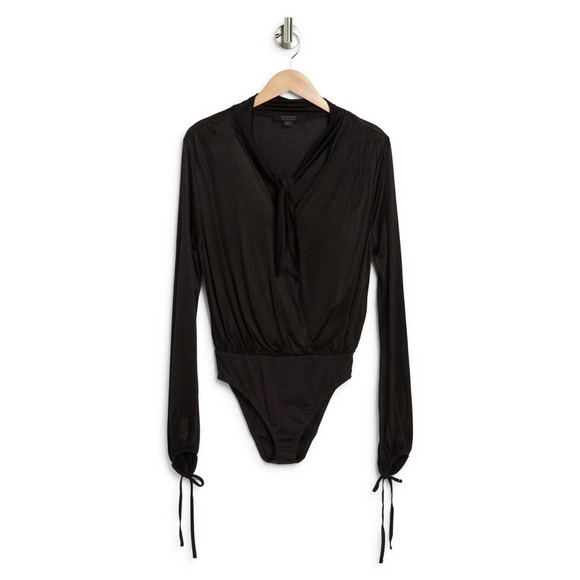All Saints | Penelope Tie Neck Bodysuit Womens Black Sheer Loose Fit V-neck - Picture 1 of 10